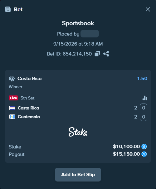 Bet slip: Costa Rica - Guatemala, $10,100.00 stake at 1.50 odds, placed by NoRisckNoMoney