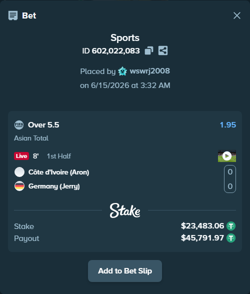 Bet slip: Côte d'Ivoire (Aron) - Germany (Jerry), $23,506.55 stake at 1.95 odds, placed by wswrj2008