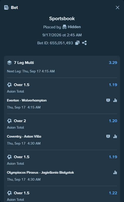 Bet slip: Coventry - Aston Villa, $10,000.00 stake at 1.20 odds, placed by Hidden
