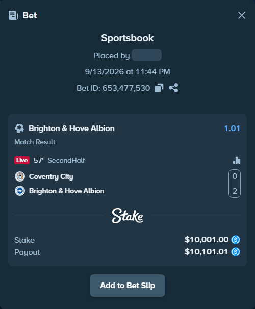 Bet slip: Coventry - Brighton, $10,000.00 stake at 1.01 odds, placed by Wolfie9