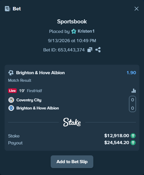 Bet slip: Coventry - Brighton, $12,915.42 stake at 1.90 odds, placed by Kristen1