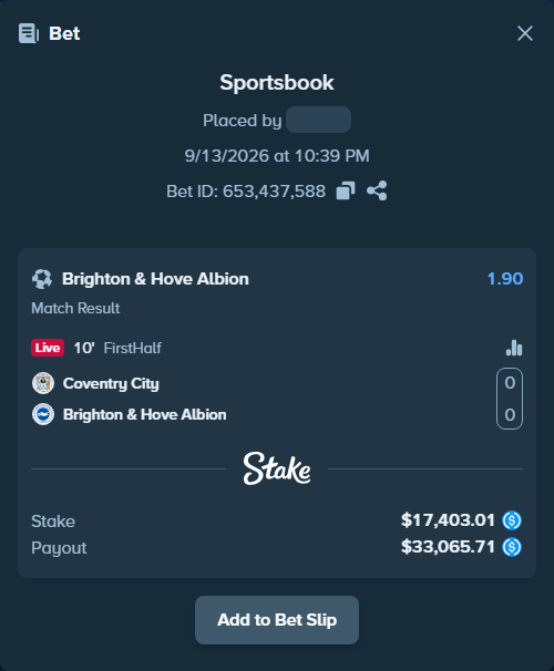 Bet slip: Coventry - Brighton, $17,403.01 stake at 1.90 odds, placed by Ugresset