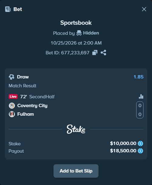 Bet slip: Coventry - Fulham, $10,000.00 stake at 1.85 odds, placed by martinesor