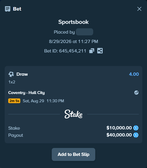 Bet slip: Coventry - Hull City, $10,000.00 stake at 4.00 odds, placed by Hoggtann