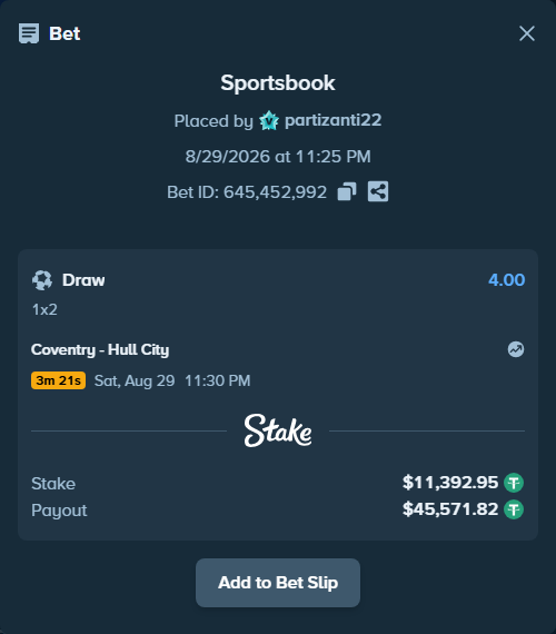 Bet slip: Coventry - Hull City, $11,392.95 stake at 4.00 odds, placed by partizanti22