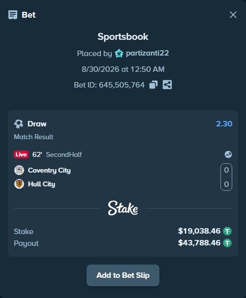 Bet slip: Coventry - Hull City, $19,038.46 stake at 2.30 odds, placed by partizanti22