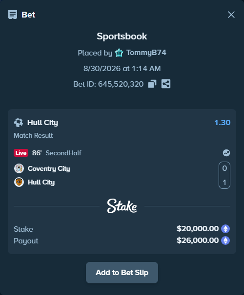 Bet slip: Coventry - Hull City, $20,062.68 stake at 1.30 odds, placed by TommyB74