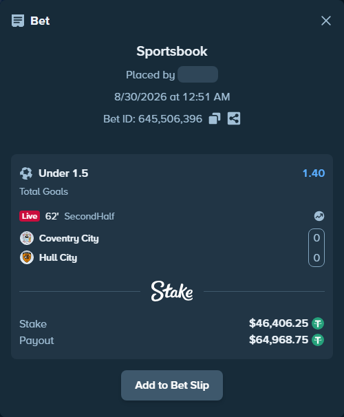 Bet slip: Coventry - Hull City, $46,406.25 stake at 1.40 odds, placed by partizanti22