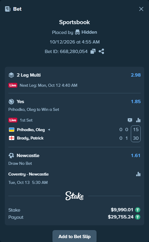Bet slip: Coventry - Newcastle, $10,000.00 stake at 1.61 odds, placed by Hidden