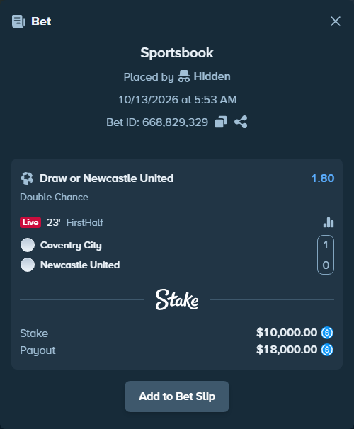 Bet slip: Coventry - Newcastle, $10,000.00 stake at 1.80 odds, placed by olavandr
