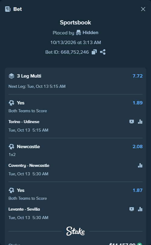 Bet slip: Coventry - Newcastle, $11,168.16 stake at 2.08 odds, placed by tqiforcat