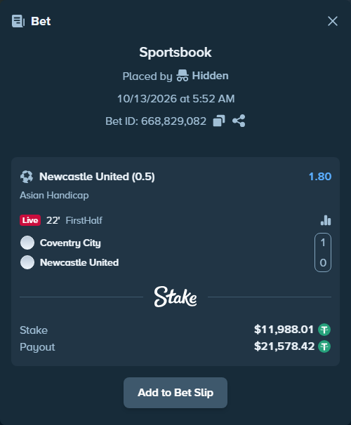 Bet slip: Coventry - Newcastle, $12,000.00 stake at 1.80 odds, placed by Zuko223