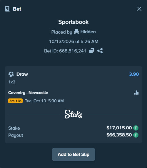 Bet slip: Coventry - Newcastle, $17,032.01 stake at 3.90 odds, placed by frodeand