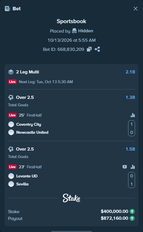 Bet slip: Coventry - Newcastle, $400,400.00 stake at 1.38 odds, placed by Hidden