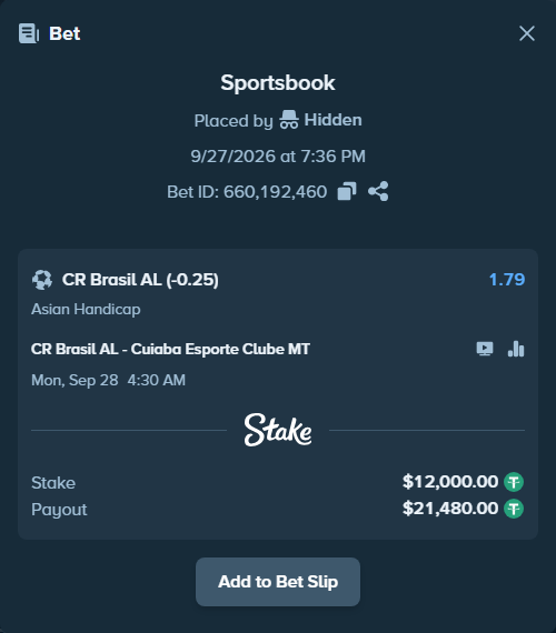 Bet slip: CR Brasil AL - Cuiaba EC MT, $12,000.00 stake at 1.79 odds, placed by Hidden