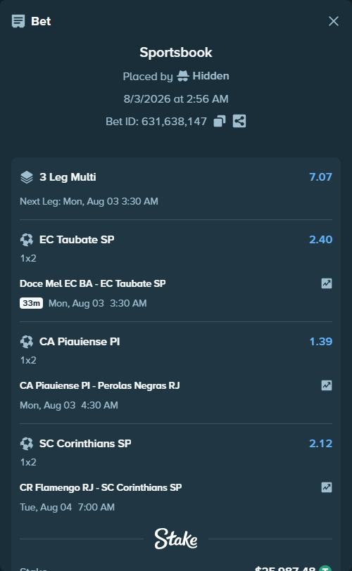 Bet slip: CR Flamengo RJ - SC Corinthians SP, $26,013.46 stake at 2.12 odds, placed by Hidden