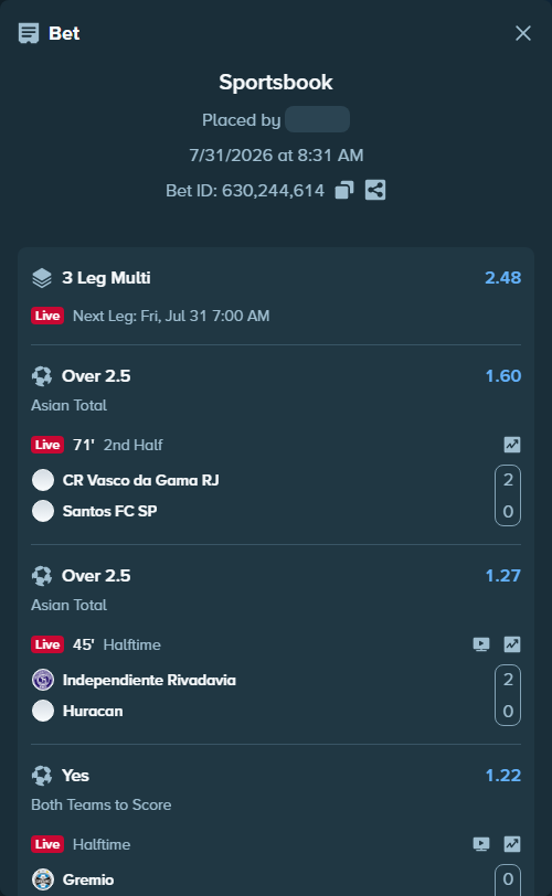Bet slip: CR Vasco da Gama RJ - Santos FC SP, $10,000.00 stake at 1.60 odds, placed by RichHalif