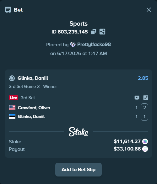 Bet slip: Crawford, Oliver - Glinka, Daniil, $11,509.62 stake at 2.85 odds, placed by Prettylfacko98