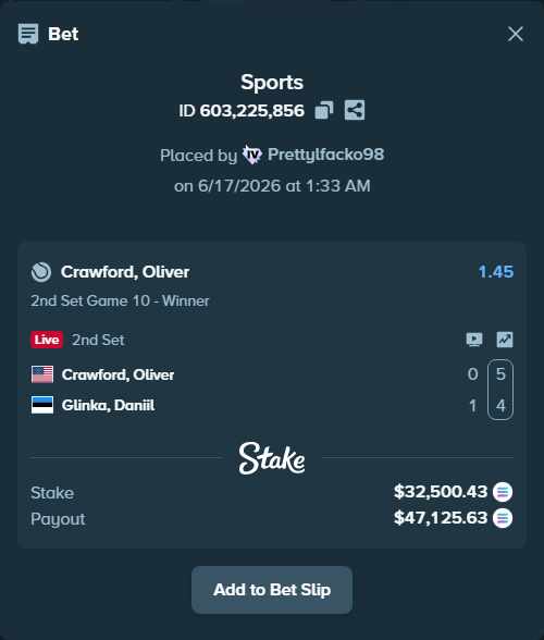Bet slip: Crawford, Oliver - Glinka, Daniil, $32,136.82 stake at 1.45 odds, placed by Prettylfacko98