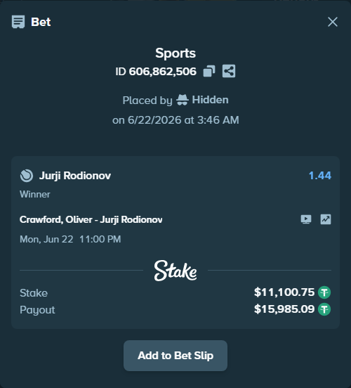 Bet slip: Crawford, Oliver - Jurji Rodionov, $11,111.85 stake at 1.44 odds, placed by Hidden