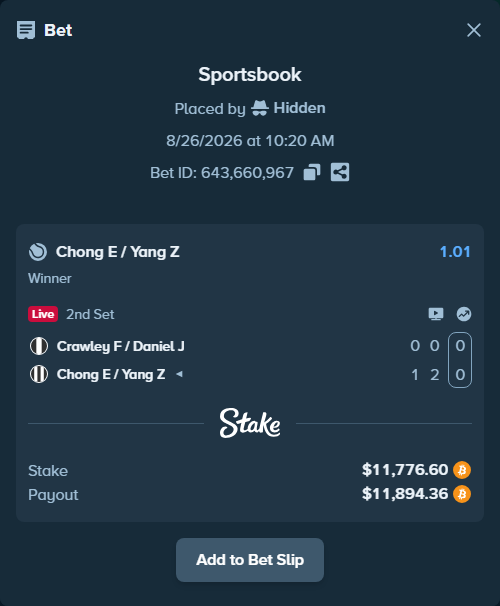 Bet slip: Crawley F / Daniel J - Chong E / Yang Z, $11,811.74 stake at 1.01 odds, placed by Hidden