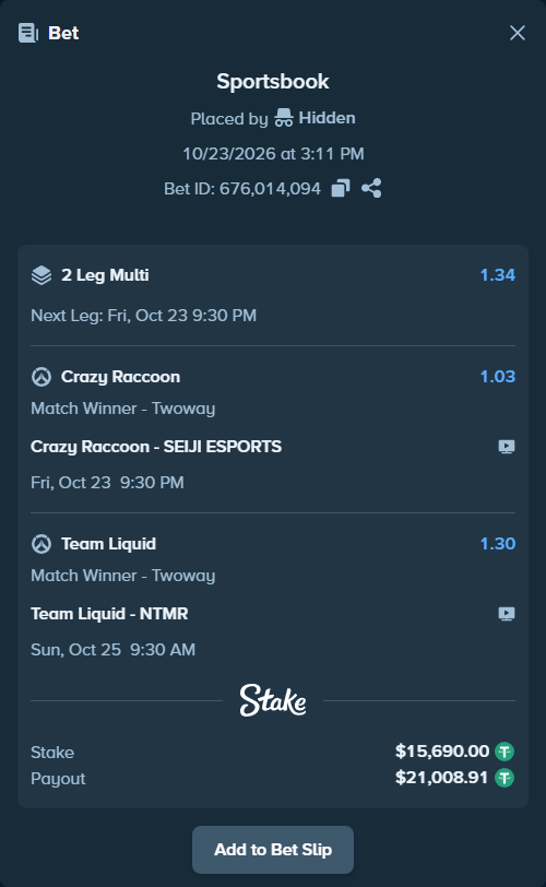 Bet slip: Crazy Raccoon - SEIJI ESPORTS, $15,705.69 stake at 1.03 odds, placed by Hidden