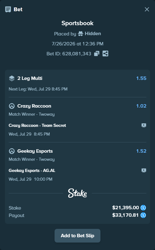 Bet slip: Crazy Raccoon - Team Secret, $21,395.00 stake at 1.02 odds, placed by Hidden