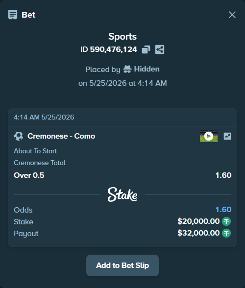 Bet slip: Cremonese - Como, $20,000.00 stake at 1.60 odds, placed by Hidden