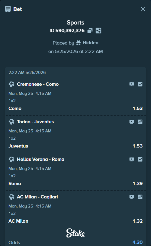 Bet slip: Cremonese - Como, $25,000.00 stake at 1.53 odds, placed by Hidden