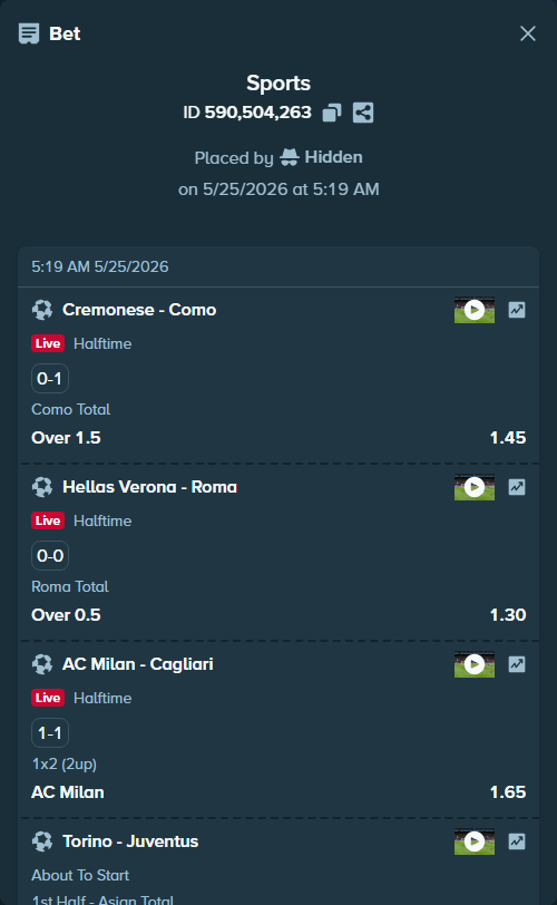 Bet slip: Cremonese - Como, $30,000.00 stake at 1.45 odds, placed by Hidden