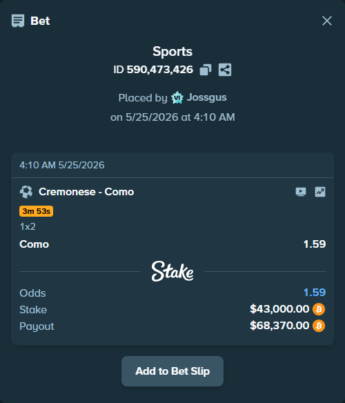 Bet slip: Cremonese - Como, $36,126.44 stake at 1.59 odds, placed by Jossgus