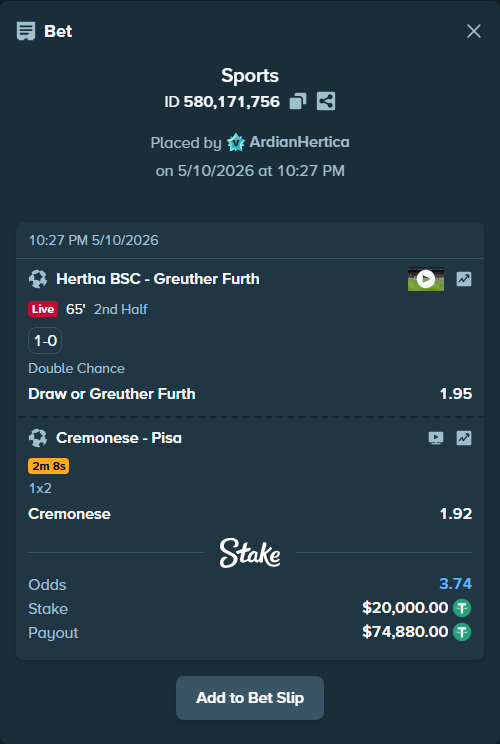 Bet slip: Cremonese - Pisa, $20,000.00 stake at 1.92 odds, placed by ArdianHertica