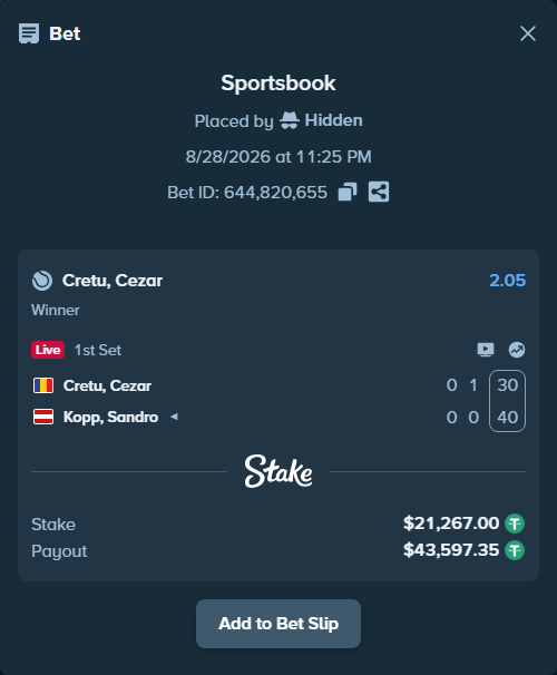 Bet slip: Cretu, Cezar (2001) - Kopp, Sandro, $21,267.00 stake at 2.05 odds, placed by Hidden