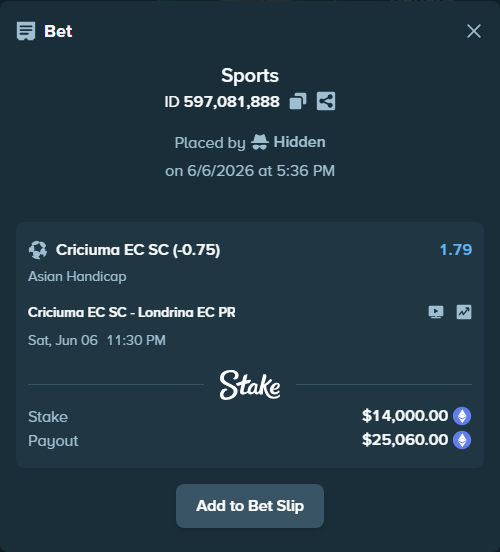 Bet slip: Criciuma EC SC - Londrina EC PR, $15,415.68 stake at 1.79 odds, placed by Hidden