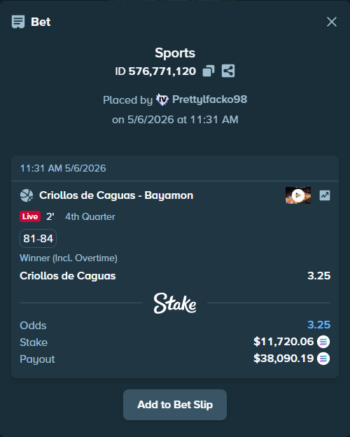 Bet slip: Criollos de Caguas - Vaqueros de Bayamon, $9,909.08 stake at 3.25 odds, placed by Prettylfacko98