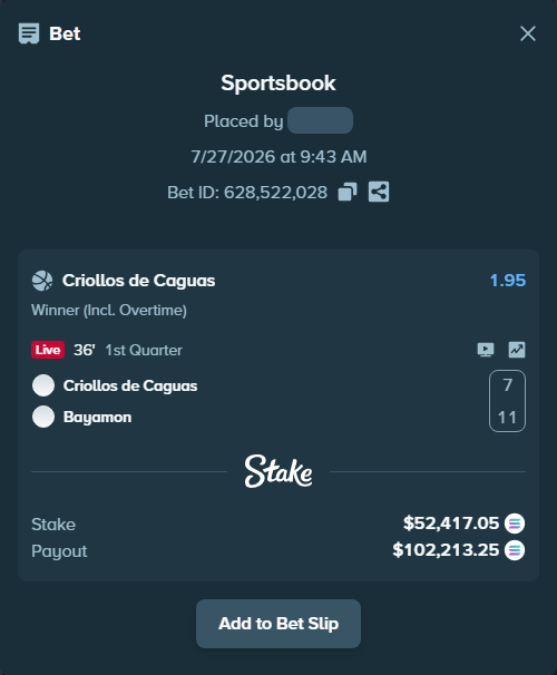 Bet slip: Criollos de Caguas - Vaqueros de Bayamon, $49,709.37 stake at 1.95 odds, placed by Prettylfacko98