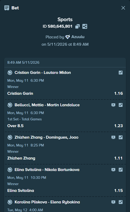 Bet slip: Cristian Garin - Lautaro Midon, $125,000.00 stake at 1.16 odds, placed by Azuulu