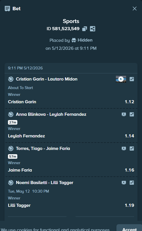 Bet slip: Cristian Garin - Lautaro Midon, $125,000.00 stake at 1.12 odds, placed by Hidden