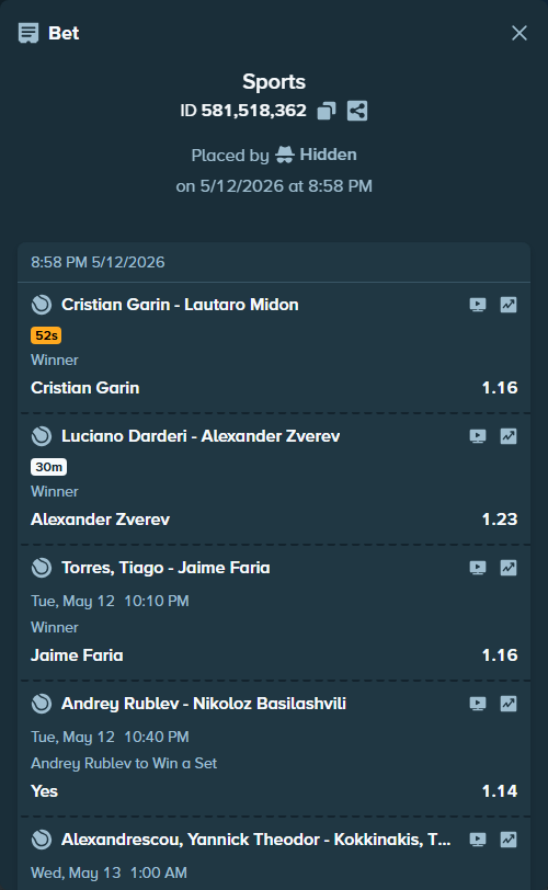 Bet slip: Cristian Garin - Lautaro Midon, $52,568.76 stake at 1.16 odds, placed by Hidden