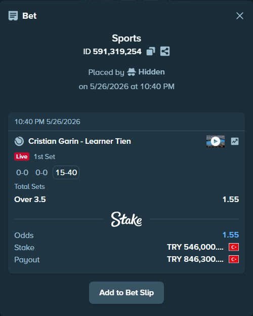 Bet slip: Cristian Garin - Learner Tien, $16,380.00 stake at 1.55 odds, placed by Hidden