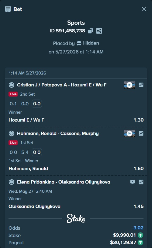 Bet slip: Cristian J / Potapova A - Hozumi E / Wu F, $10,000.00 stake at 1.30 odds, placed by Hidden
