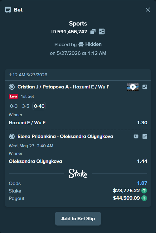 Bet slip: Cristian J / Potapova A - Hozumi E / Wu F, $23,800.00 stake at 1.30 odds, placed by Hidden