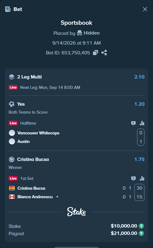 Bet slip: Cristina Bucsa - Bianca Andreescu, $10,000.00 stake at 1.75 odds, placed by Hidden
