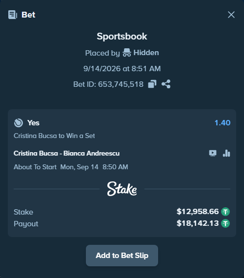 Bet slip: Cristina Bucsa - Bianca Andreescu, $12,958.66 stake at 1.40 odds, placed by Hidden