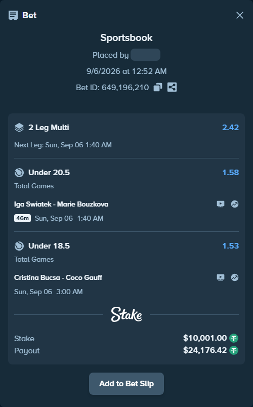 Bet slip: Cristina Bucsa - Coco Gauff, $10,000.00 stake at 1.53 odds, placed by Nt95