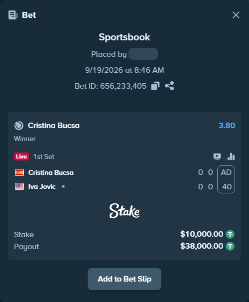 Bet slip: Cristina Bucsa - Iva Jovic, $10,000.00 stake at 3.80 odds, placed by Amineelantari