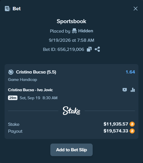 Bet slip: Cristina Bucsa - Iva Jovic, $11,905.19 stake at 1.64 odds, placed by Hidden