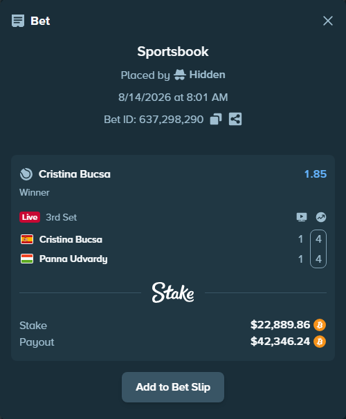 Bet slip: Cristina Bucsa - Panna Udvardy, $22,838.09 stake at 1.85 odds, placed by messrjaysr