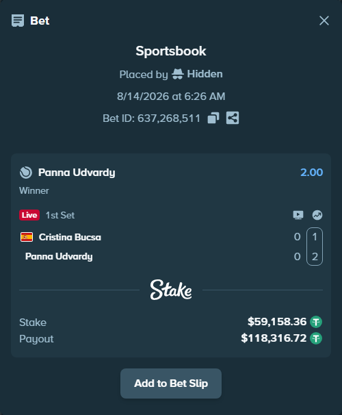 Bet slip: Cristina Bucsa - Panna Udvardy, $59,217.52 stake at 2.00 odds, placed by Hidden