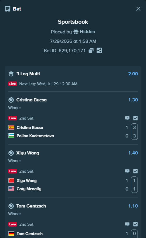 Bet slip: Cristina Bucsa - Polina Kudermetova, $10,000.00 stake at 1.30 odds, placed by Hidden